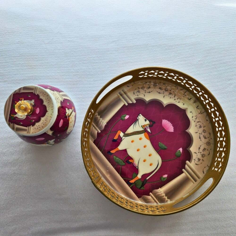 Pichwai Theme Metal Tray and Jar Set – Ideal for Diwali, Baby Shower, & Housewarming Favors - Image 2