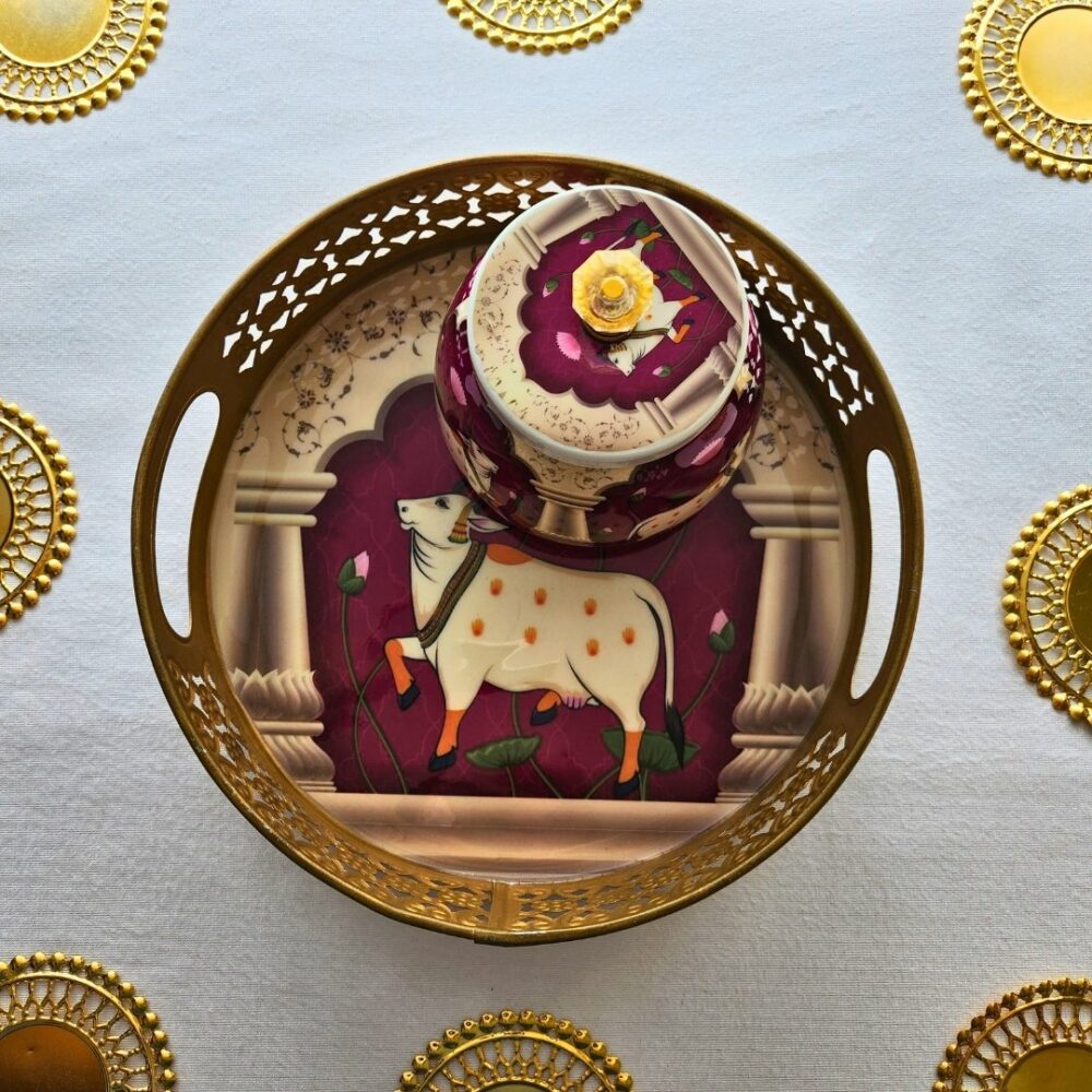 Pichwai Theme Metal Tray and Jar Set – Ideal for Diwali, Baby Shower, & Housewarming Favors