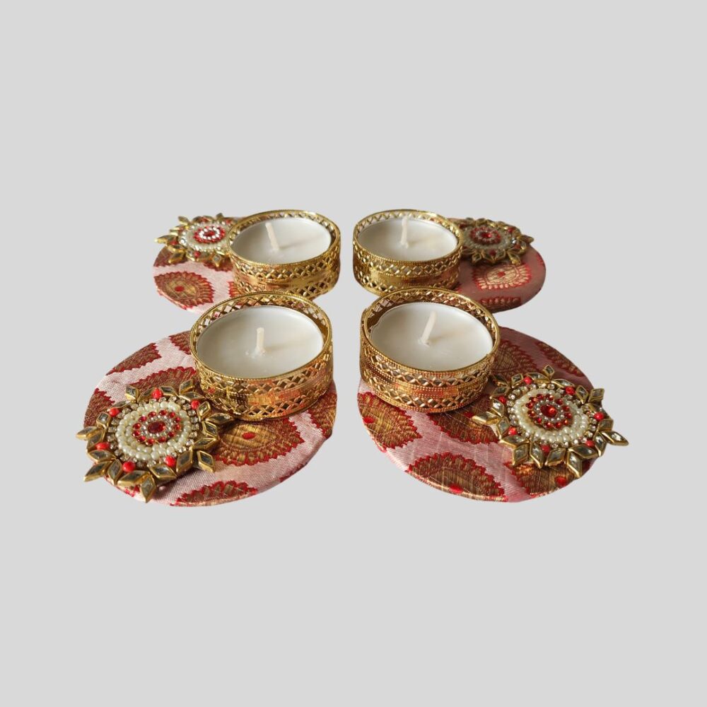 Brocade Fabric Tea Light Candle Holders - Set of 4 (3X3 inches) - Decorative Handcrafted Diya T Light Holders for Diwali Puja, Vastu Puja, Housewarming, Festive Favors & Home Decor by GlimHub - Image 2