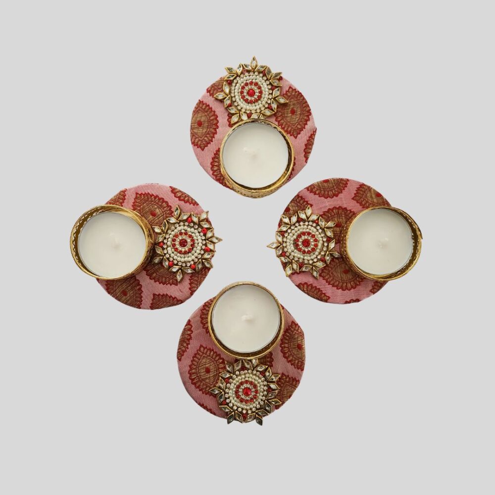 Brocade Fabric Tea Light Candle Holders - Set of 4 (3X3 inches) - Decorative Handcrafted Diya T Light Holders for Diwali Puja, Vastu Puja, Housewarming, Festive Favors & Home Decor by GlimHub - Image 3