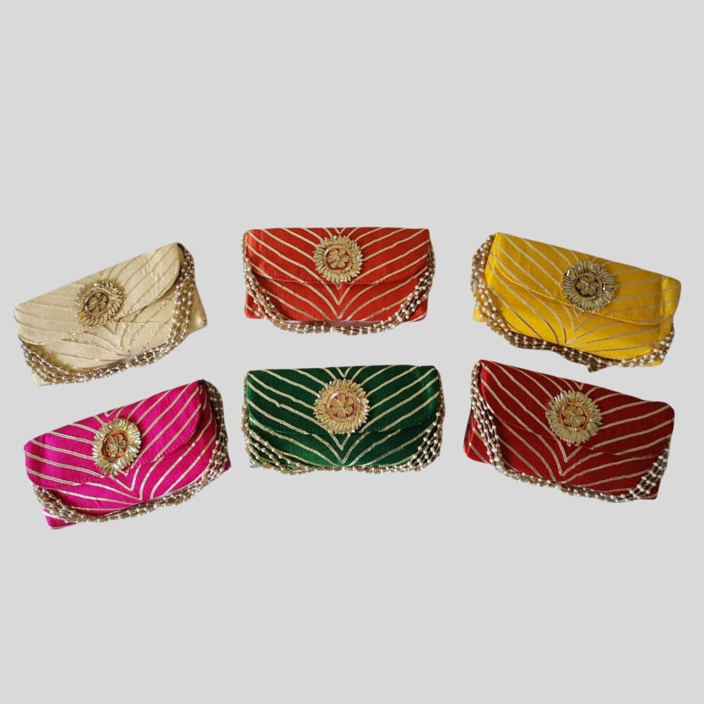 Jaipuri Gota Clutch - Handcrafted Marvel, 8 inches x 4 inches, Magnetic Closure - Spacious Design - Versatile Wedding Favor - Perfect for Wedding Functions - by GlimHub (Set of 5 Pieces)