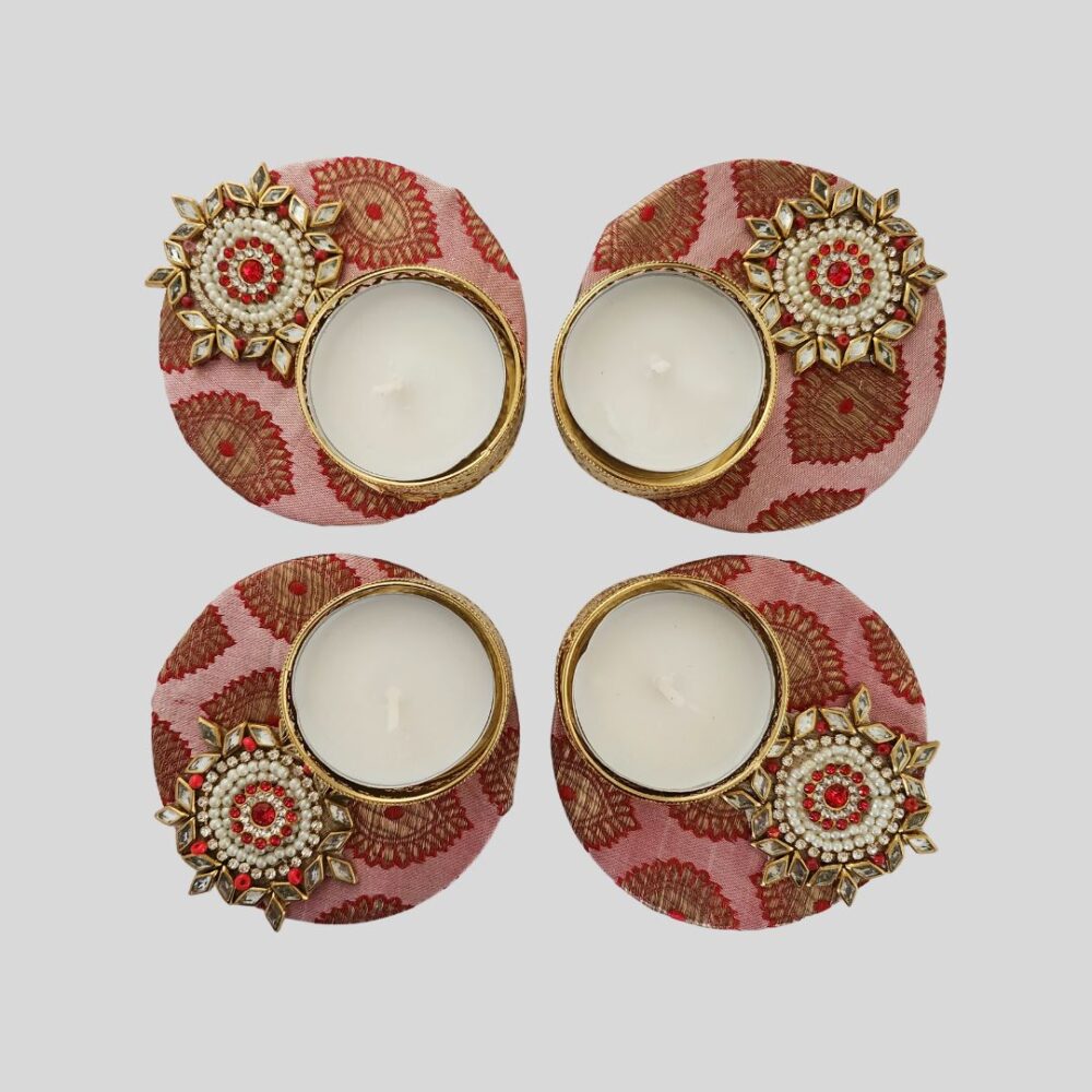 Brocade Fabric Tea Light Candle Holders - Set of 4 (3X3 inches) - Decorative Handcrafted Diya T Light Holders for Diwali Puja, Vastu Puja, Housewarming, Festive Favors & Home Decor by GlimHub