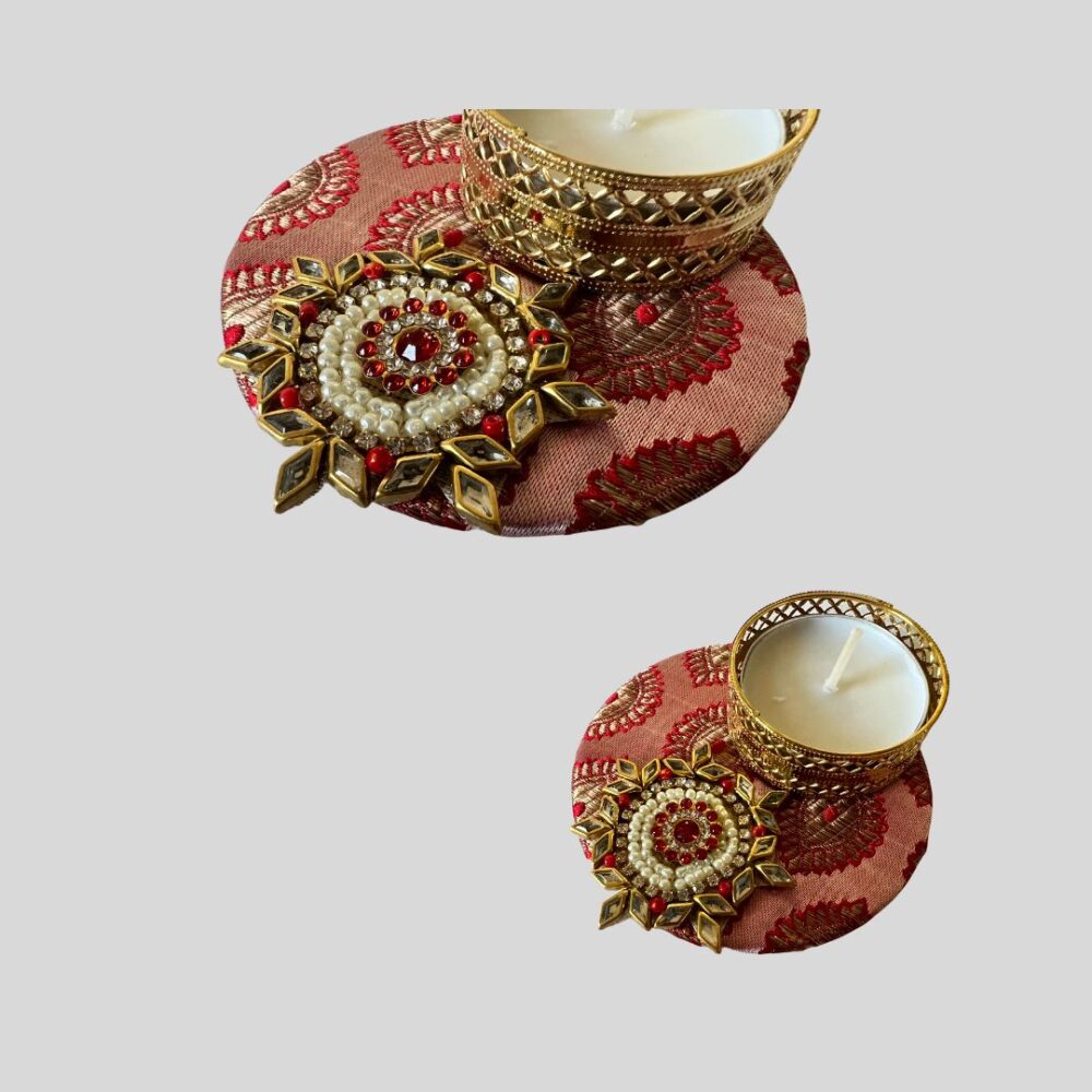 Brocade Fabric Tea Light Candle Holders - Set of 4 (3X3 inches) - Decorative Handcrafted Diya T Light Holders for Diwali Puja, Vastu Puja, Housewarming, Festive Favors & Home Decor by GlimHub - Image 4