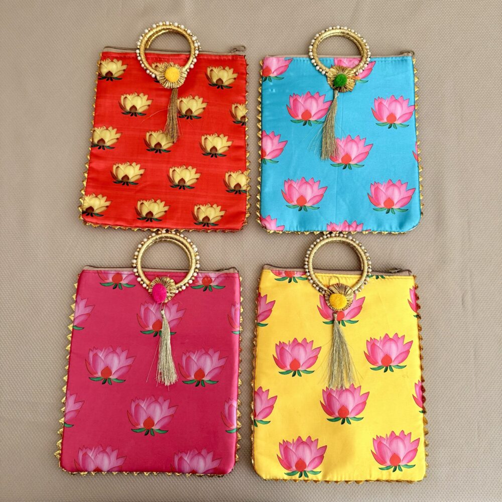 Lotus Print Gift Bags with Pearl Handle – Set of 4 Return Gift Bags for Weddings & Pujas